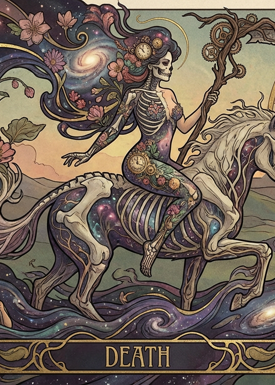 Artistic depiction of the Death card from a tarot deck with a skeleton rider on a horse, surrounded by celestial elements and symbols.