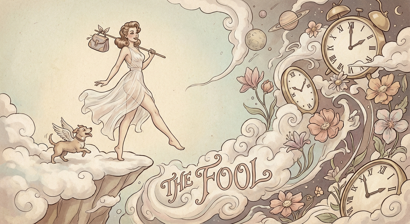 Illustration of a woman with a dog and clocks, titled 'The Fool', in a fantasy style.