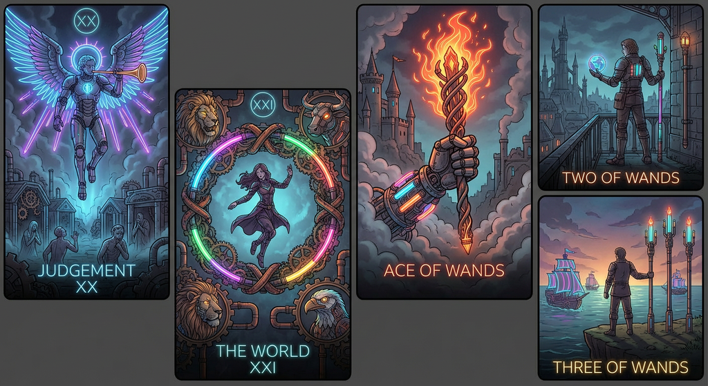Set of tarot cards with fantasy artwork on a dark background
