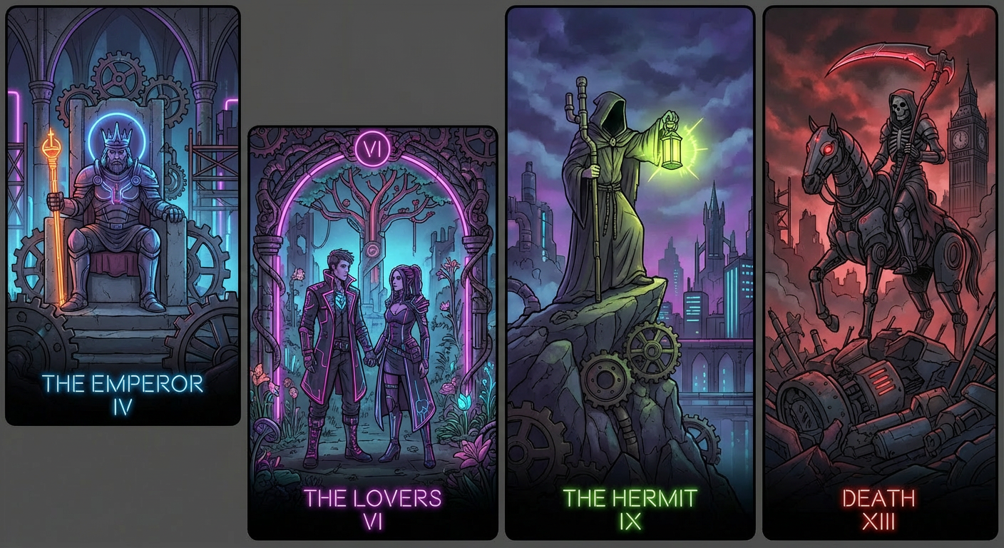 Four tarot cards with colorful illustrations and text on a dark background