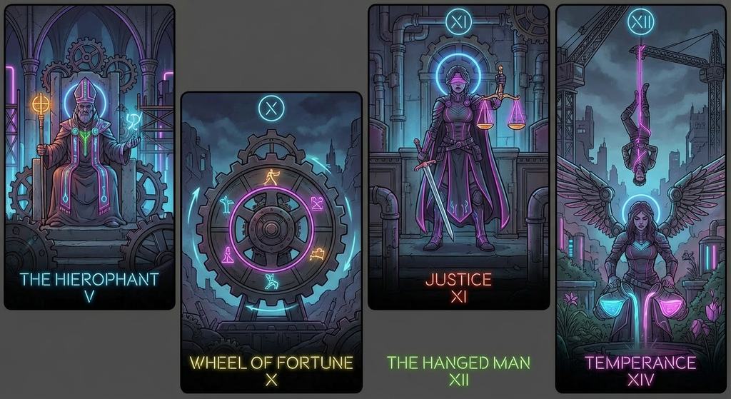 Four tarot cards with intricate designs and text on a dark background